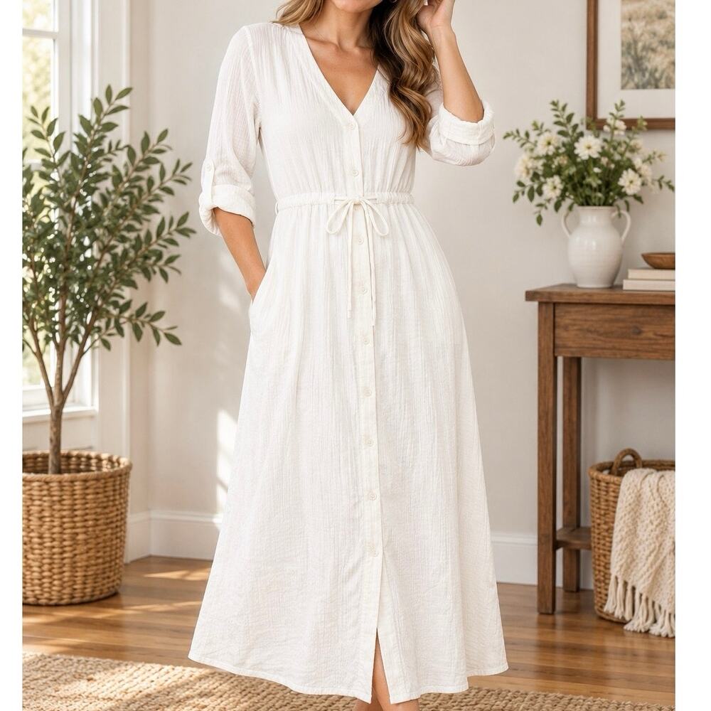 Alice Walk Cotton Gauze Tie Waist Striped Casual Summer Beach Coastal Dress M